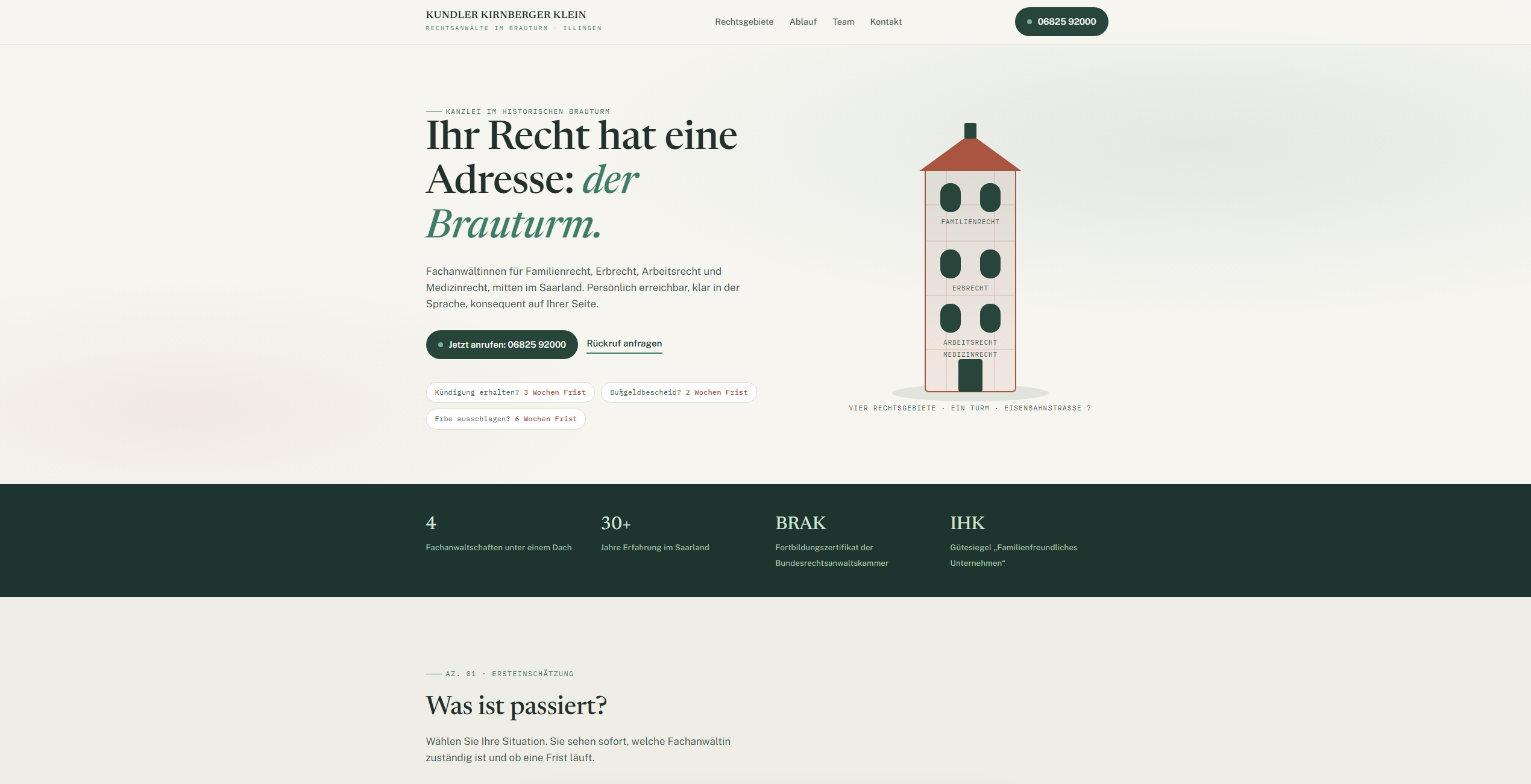 Webseite der Kanzlei Kundler Kirnberger Klein in Illingen — Startbereich mit illustriertem Brauturm