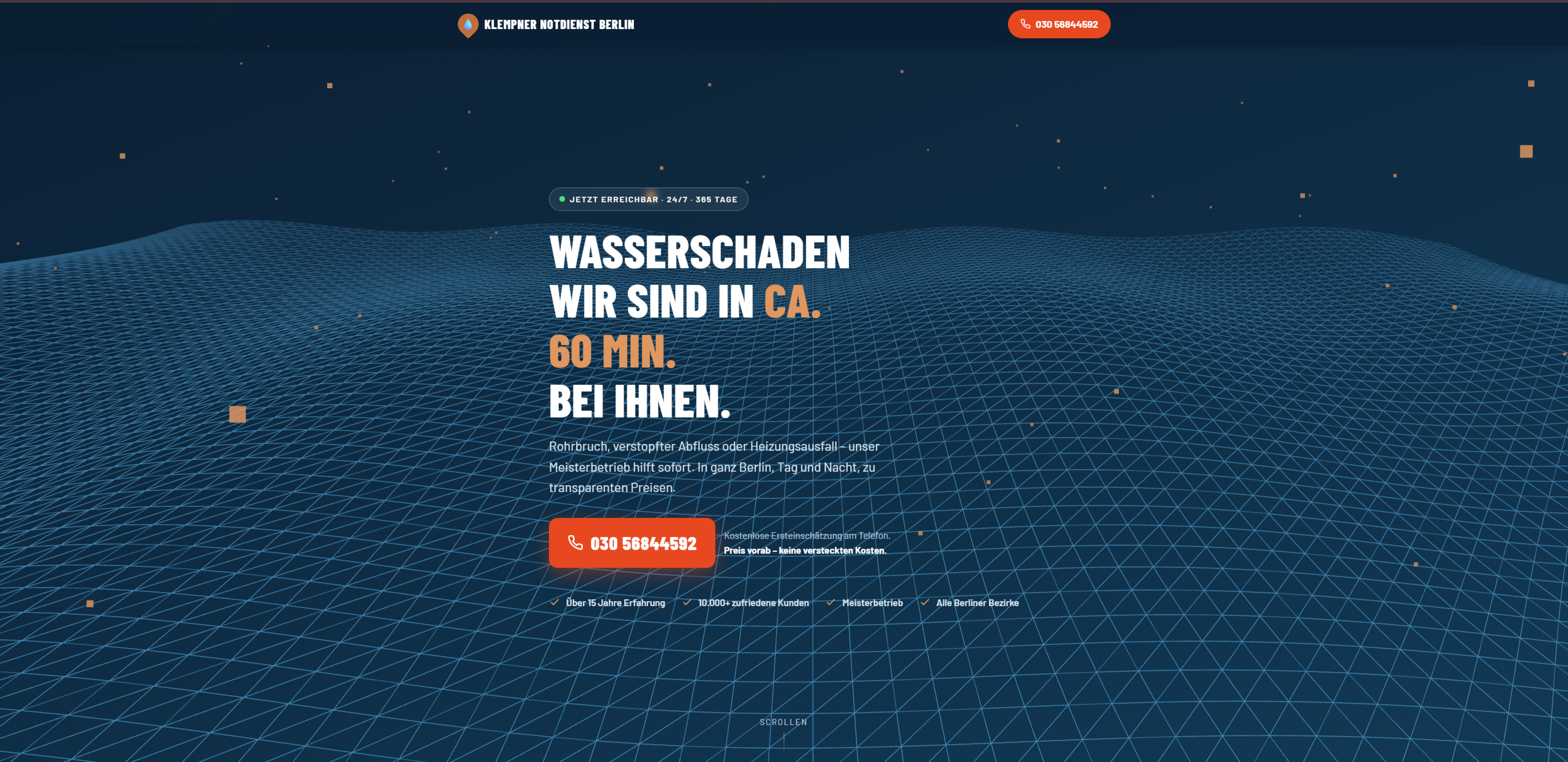 Webseite eines Klempner-Notdienstes in Berlin — dunkles Design mit 24/7-Notrufnummer