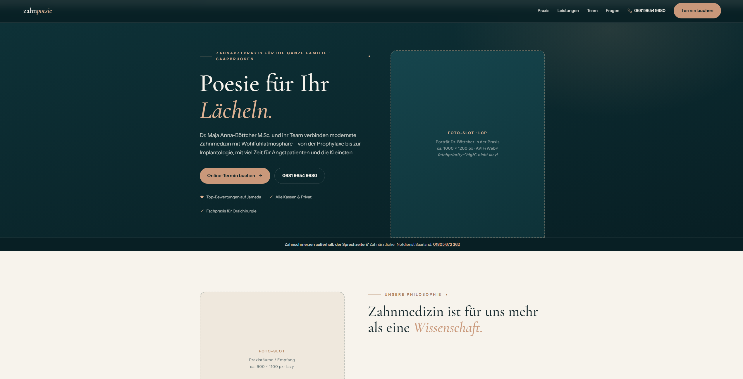 Webseite der Praxis zahnpoesie — Startbereich mit Online-Terminbuchung und Philosophie-Sektion